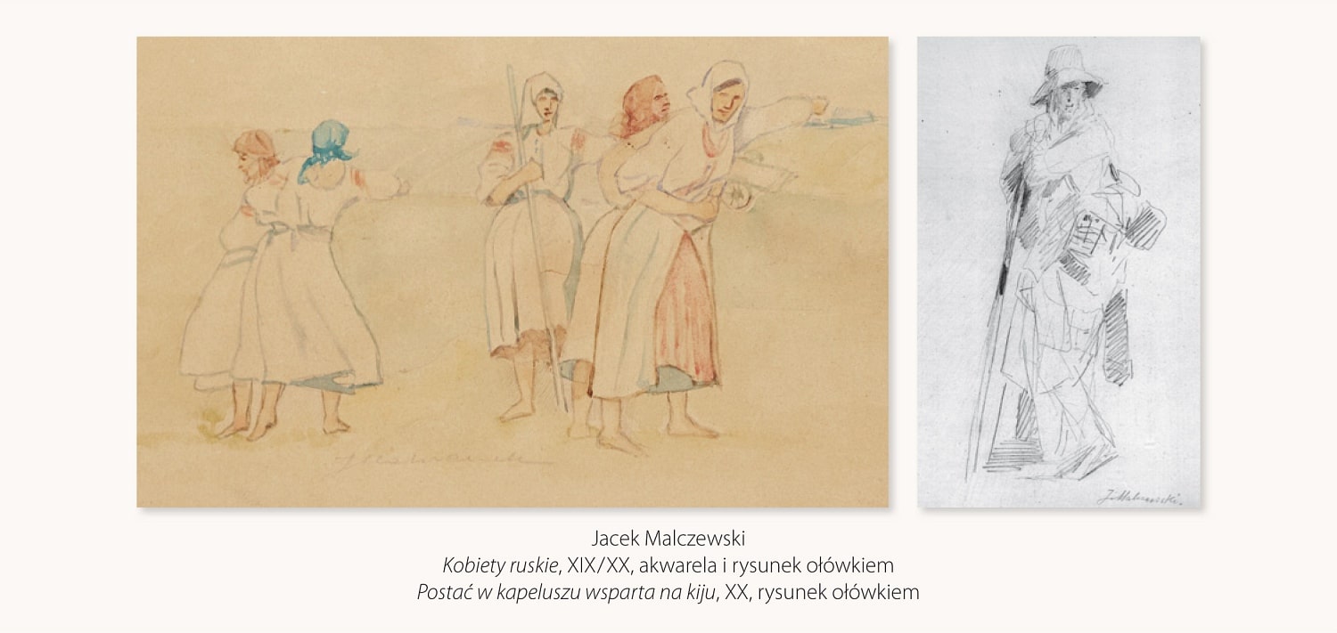 Dwie ilustracje: 1/ Jacek Malczewski, Kobiety ruskie – przedstawia scenę rodzajową z pięcioma stojącymi postaciami kobiecymi usytuowanymi w dwóch grupach, niektóre z nich mają w ręku narzędzia do prac polowych, inne wskazują na umieszczone w oddali wiejskie zabudowania 2/ Jacek Malczewski, Postać w kapeluszu wsparta na kiju – przedstawia całopostaciową sylwetkę mężczyzny, zwróconego w lewą stronę, wspartego oburącz o wysoki kij, spoglądającego za siebie; na głowie ma kapelusz a przez ramię przewieszoną torbę wędrowca